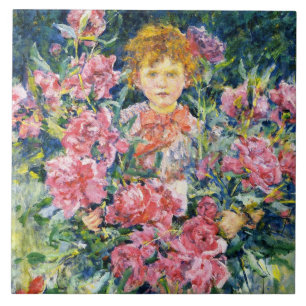 Azulejo Muchacho con flores de peonía rojas (por Robert Re