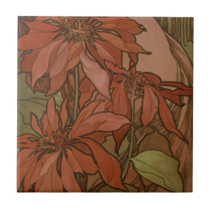 Azulejo Mucho Patrón Floral de Poinsettia Roja Art Nouveau