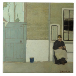 Azulejo Mujer anciana holandesa frente a su casa (Jan Mank