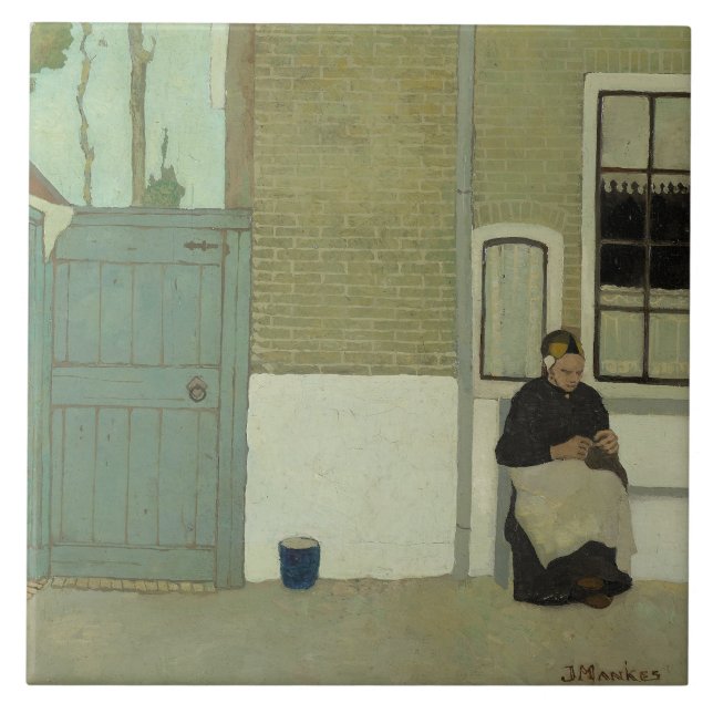 Azulejo Mujer anciana holandesa frente a su casa (Jan Mank (Frente)