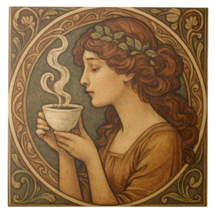Azulejo Mujer Art Nouveau Con Café