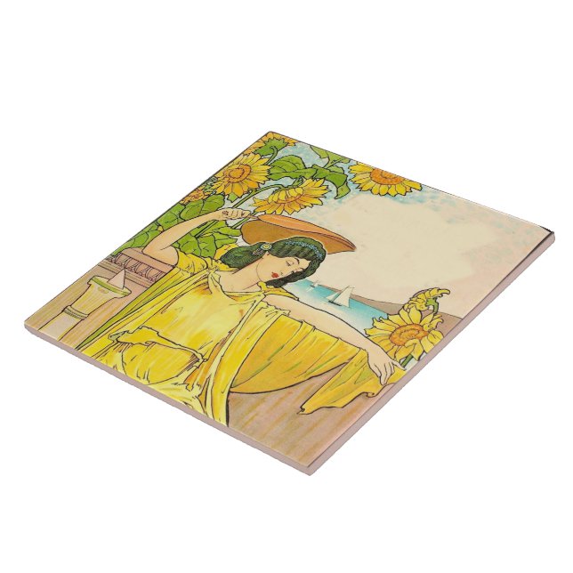 Azulejo Mujer Art Nouveau con girasoles (Lado)