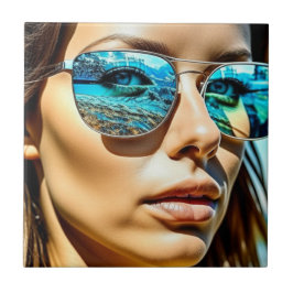 Azulejo Mujer bonito con reflexión sobre gafas de sol en l