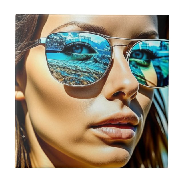 Azulejo Mujer bonito con reflexión sobre gafas de sol en l (Frente)