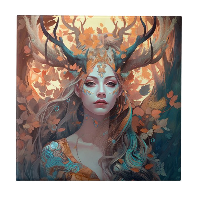 Azulejo Mujer Con Antlers Fantasía Arte (Frente)