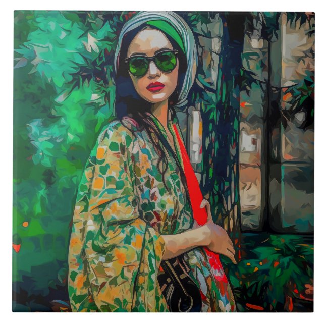 Azulejo Mujer con gafas de sol verdes (Frente)