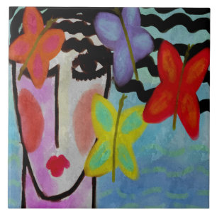 Azulejo Mujer con Mariposas Pintura Digital Abstracta