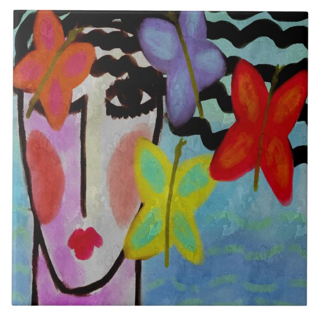Azulejo Mujer con Mariposas Pintura Digital Abstracta (Frente)