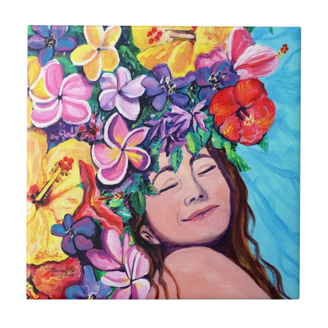 Azulejo Mujer con mosaico de cerámica de flores de Hawái (Frente)