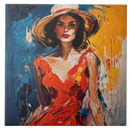 Azulejo Mujer con traje de cóctel rojo