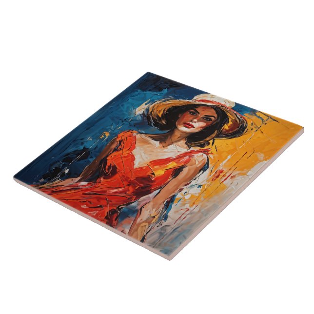 Azulejo Mujer con traje de cóctel rojo (Lado)