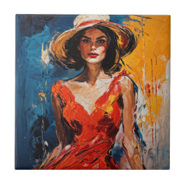 Azulejo Mujer con traje de cóctel rojo