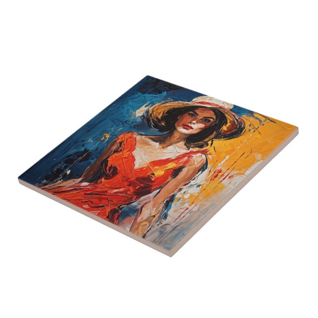 Azulejo Mujer con traje de cóctel rojo (Lado)