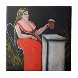 Azulejo Mujer curvada con una taza de cerveza