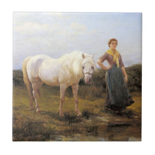 Azulejo Mujer de campo llevando un caballo al agua