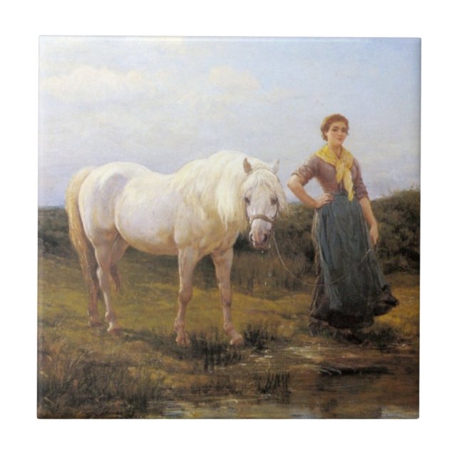 Azulejo Mujer de campo llevando un caballo al agua (Frente)