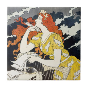 Azulejo Mujer de pelo rojo vestido amarillo arte Nouveau c
