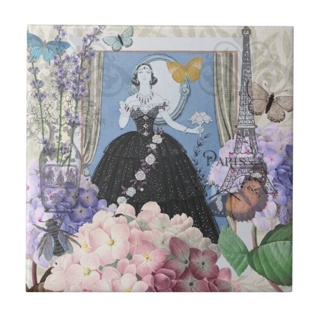 Azulejo Mujer elegante azul vestido floral de fantasía (Frente)