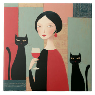 Azulejo Mujer elegante gatos negros y vino