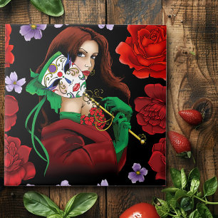 Azulejo Mujer Elegante Máscara Veneciana Rojo Verde