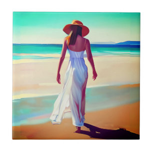 Azulejo Mujer en blanco en la playa