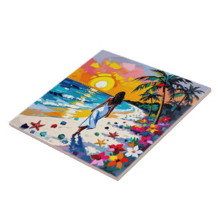 Azulejo Mujer en Escena Tropical de Playa