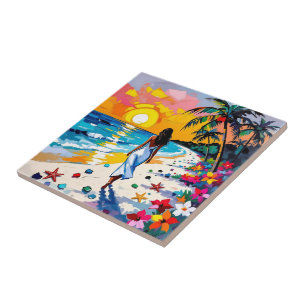Azulejo Mujer en Escena Tropical de Playa