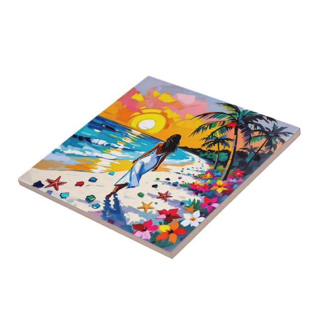 Azulejo Mujer en Escena Tropical de Playa (Lado)
