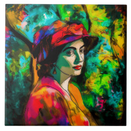 Azulejo Mujer en Gorra rojo