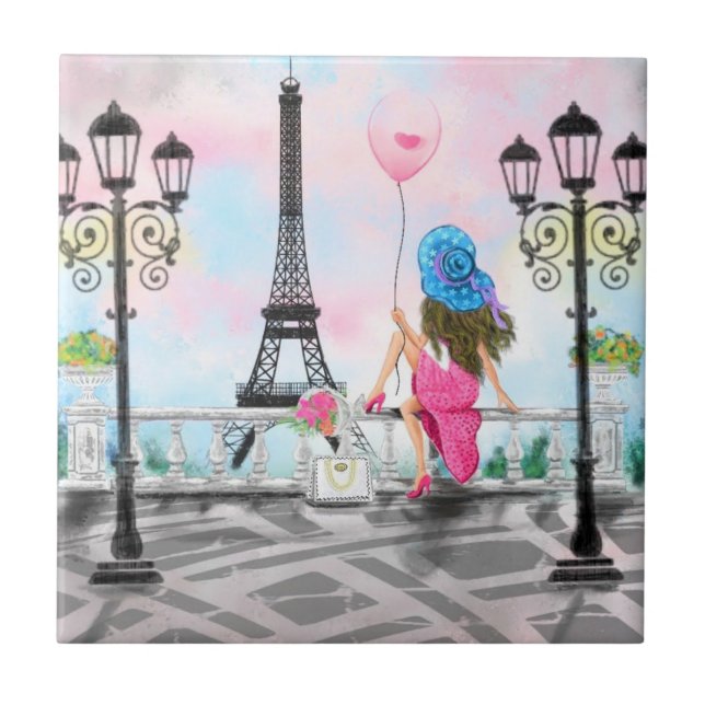 Azulejo Mujer En París Cerámica Torre Eiffel (Frente)