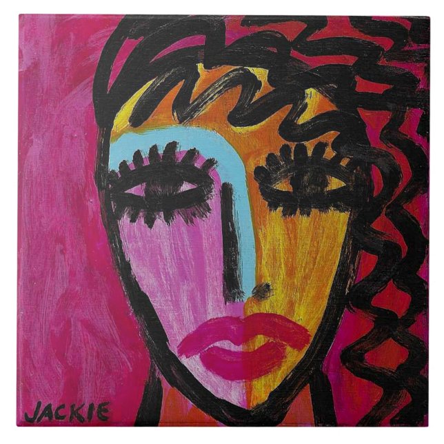 Azulejo Mujer en retrato abstracto rojo (Frente)