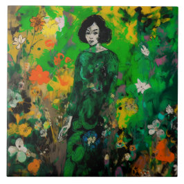 Azulejo mujer en un campo colorido