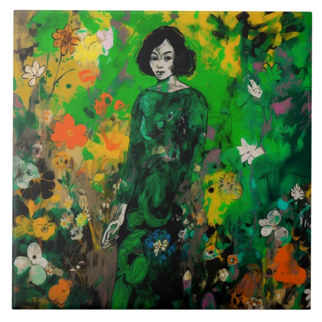 Azulejo mujer en un campo colorido (Frente)