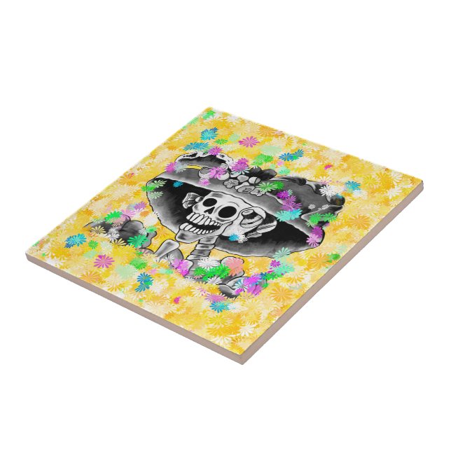 Azulejo Mujer Esqueleto Riéndose Día De Los Muertos (Lado)