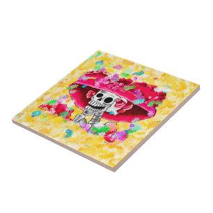 Azulejo Mujer Esqueleto Riéndose Día De Los Muertos