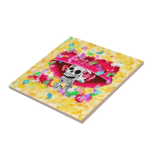 Azulejo Mujer Esqueleto Riéndose Día De Los Muertos (Lado)