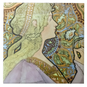 Azulejo Mujer floral de Art Nouveau Mucha Daisy verde fran