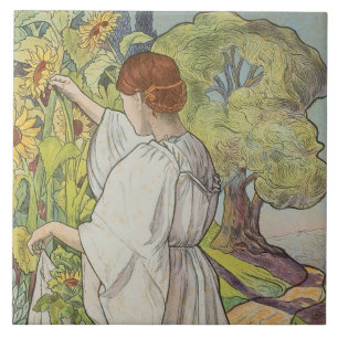 Azulejo Mujer floral de Art Nouveau Mucha Daisy verde fran