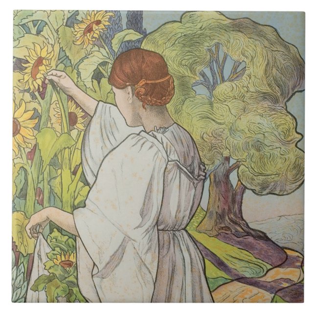 Azulejo Mujer floral de Art Nouveau Mucha Daisy verde fran (Frente)