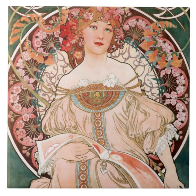Azulejo Mujer floral de Art Nouveau Mucha Verde francés (Frente)