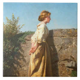 Azulejo Mujer hermosa mirando sobre la pared (Vintage)