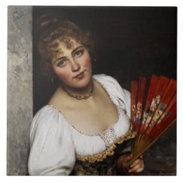 Azulejo Mujer italiana hermosa con un abanico rojo