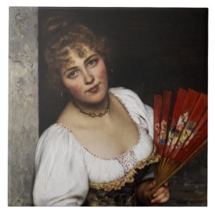 Azulejo Mujer italiana hermosa con un abanico rojo