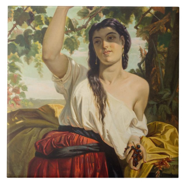 Azulejo Mujer italiana recogiendo uvas (cosecha de verano) (Frente)