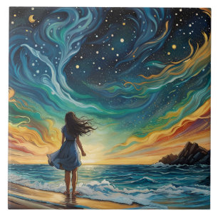 Azulejo Mujer joven mira a las estrellas en el mar