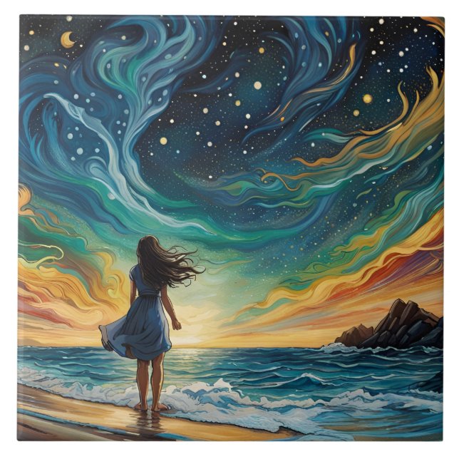 Azulejo Mujer joven mira a las estrellas en el mar (Frente)