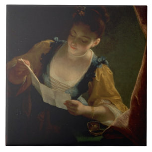 Azulejo Mujer joven que lee una letra (aceite en lona)