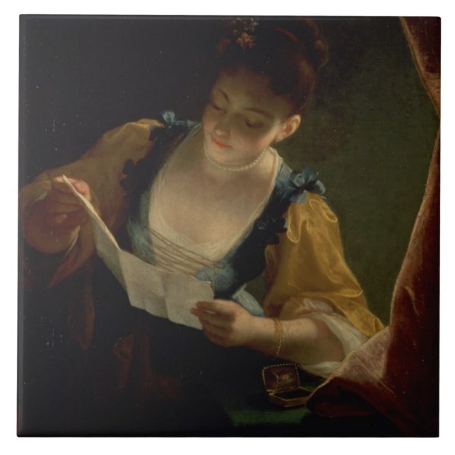 Azulejo Mujer joven que lee una letra (aceite en lona) (Frente)