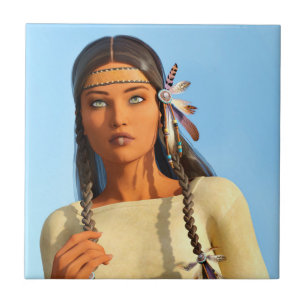 Azulejo Mujer Nativa Americana Indígena Hermosa Vestimenta