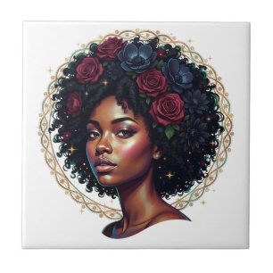 Azulejo Mujer Negra Floral Oscuro Afro